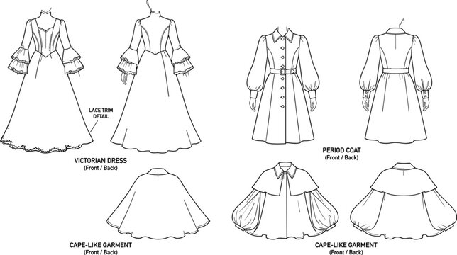Womens fashion technical flat sketches of victorian dress period coat and cape like garment vector line art illustration