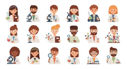Fototapeta premium Diverse Scientists and Students Flat Cartoon Vector Illustration Avatars. Science, Education, Research, Laboratory.