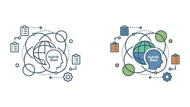 Global hybrid team organizational structure and remote workforce management vector illustration set for modern business operations