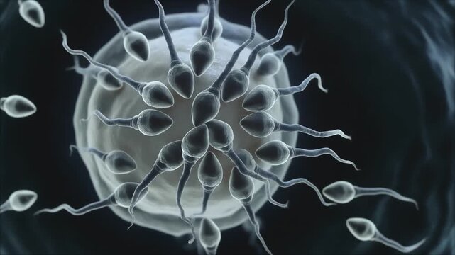Microscopic view of sperm cells swimming toward an egg cell