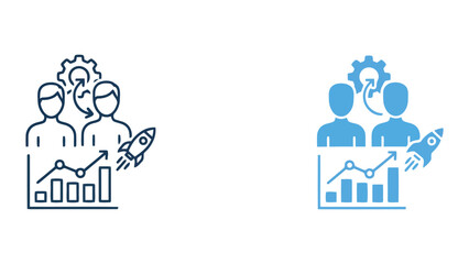 Fototapeta premium Business team growth and success icon showing people with rising bar chart and rocket ship symbolizing corporate progress and project acceleration vector design for professional presentations