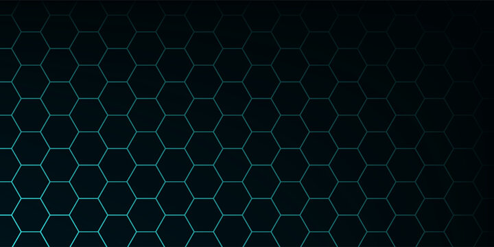 Black background with blue neon hexagon grid. Glowing hex background.