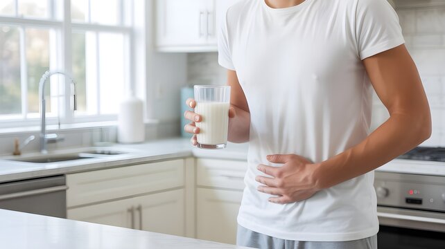 Man drinking glass of milk in modern kitchen holding stomach area