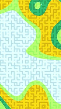 Abstract background with wavy organic shapes and a digital maze pattern in green yellow and light blue.
