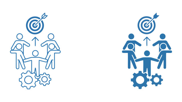 Achieving business goals and team collaboration icon set depicting group of people working with gears and target symbol for professional project execution and collective success in flat vector style