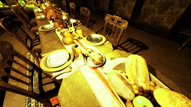 Private dining table pre service setup with bread loaves, stacked plates and polished cutlery, soft spotlights and formal chairs create exclusive restaurant