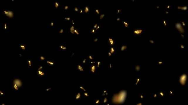 gold metallic confetti rain isolated alpha channel animation, lens blur golden birthday party and anniversary celebration overlay social media motion design element