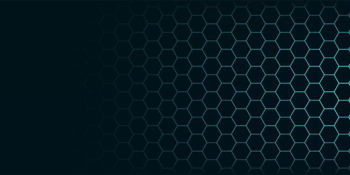 Black background with blue neon hexagon grid. Glowing hex background.