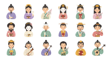 Fototapeta premium Chinese Traditional Characters Historical Figures Flat Design Vector Art Icons