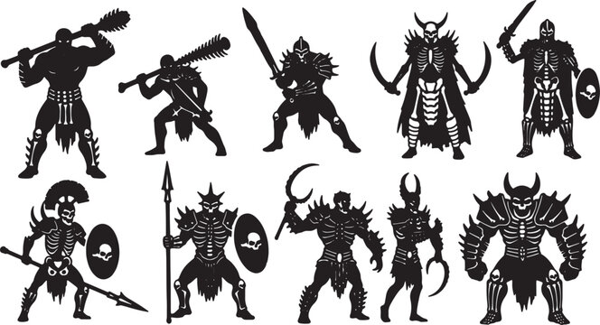 Collection of black silhouette illustrations featuring dark fantasy warriors, undead skeleton soldiers, and gladiators equipped with swords, spears, shields, and spiked armor.