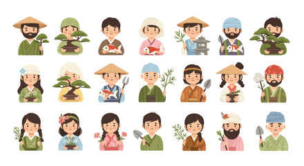 Fototapeta premium Diverse Asian Gardeners, Farmers, and Artisans Flat Illustration Set: Traditional People with Plants Tools