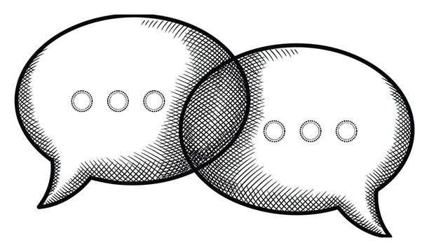 Hand-drawn of two overlapping speech bubbles with ellipses representing communication and dialogue