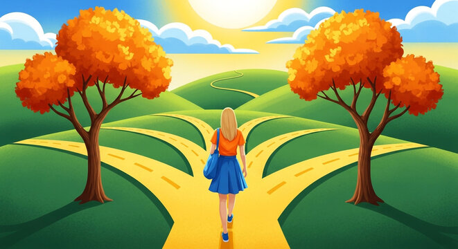 Woman at a crossroads choosing between multiple paths in a bright sunny landscape, life decision concept