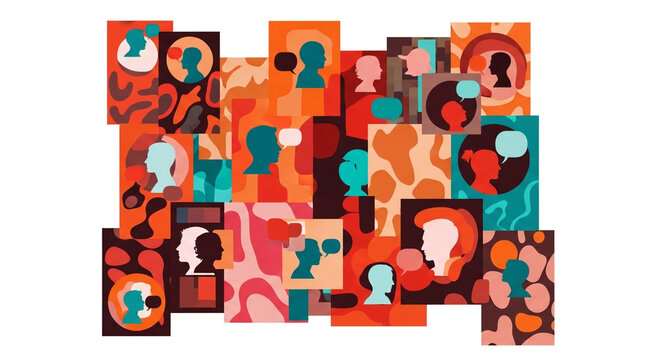 Abstract Collage of Human Profile Silhouettes and Speech Bubbles Representing Global Social Media Communication