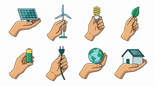 Hands presenting various icons of renewable energy sources and environmental care, illustrating themes of sustainability, ecology, green technology, and global environmental protection