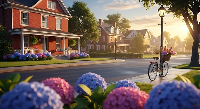 Charming Suburban Street with Red House and Hydrangeas at Sunset.