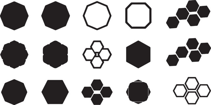 Set of 15 geometric polygon silhouettes and outlines featuring hexagons, heptagons, and honeycomb cluster designs in solid black on white background for graphic design and icons.