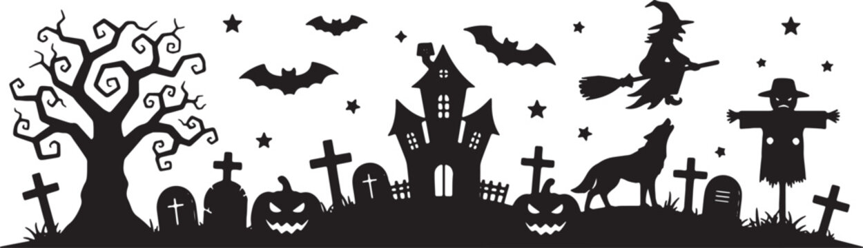 Halloween silhouette banner illustration featuring a haunted castle, graveyard with tombstones, jack-o-lanterns, witch flying on broomstick, howling wolf, scarecrow, and a spooky tree.