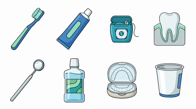 Dental hygiene set with toothbrush, toothpaste, floss, mouthwash, aligner case, tooth model, dental mirror and rinse cup on white background for oral care and clinic use
