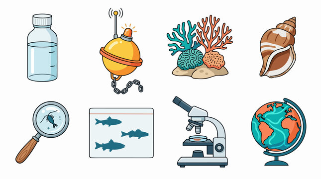 Marine biology, oceanography and scientific research with various icons representing tools and elements for studying aquatic life and ocean environments