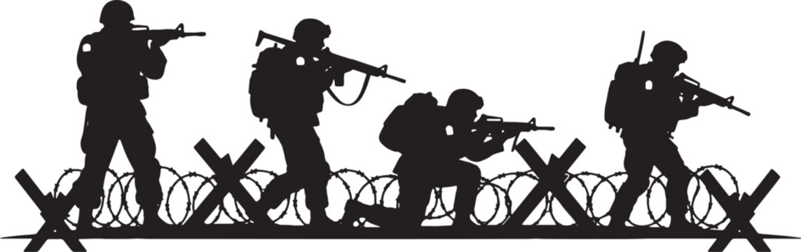 Black silhouette illustration of four military soldiers in tactical gear with assault rifles and backpacks patrolling behind barbed wire and steel anti-tank obstacles.