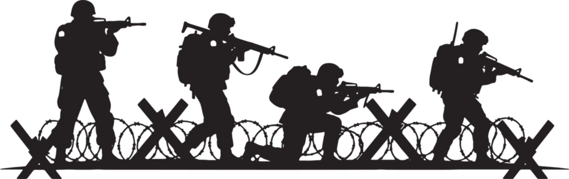 Black silhouette illustration of four military soldiers in tactical gear with assault rifles and backpacks patrolling behind barbed wire and steel anti-tank obstacles.