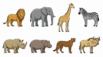 Obraz premium African savanna animals cartoon collection showing diverse wildlife species, including predators and herbivores, perfect for educational materials, children's books, or themed designs