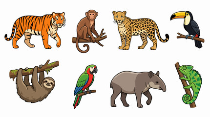 Obraz premium Jungle wildlife collection featuring a tiger. Monkey. Leopard. Toucan. Sloth. Macaw. Tapir. And chameleon. Illustrating diverse animal species inhabiting tropical rainforest environments