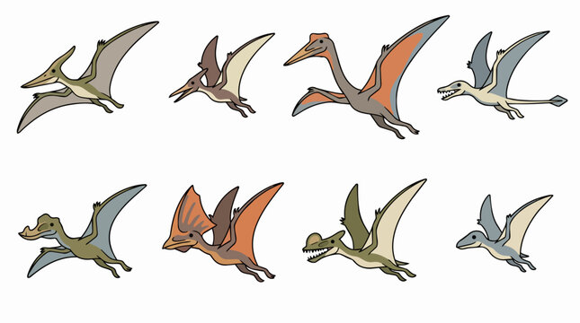 Prehistoric flying reptiles collection with various cartoon pterosaurs in flight, including pteranodon, rhamphorhynchus, and other extinct jurassic and cretaceous creatures