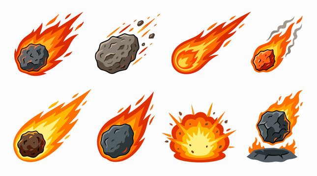 Falling fireball meteors and asteroid impact, cartoon space rocks exploding, entering atmosphere, burning and crashing as cosmic debris icons set