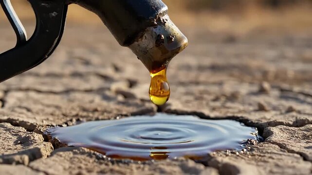 Fuel Nozzle Dripping Petroleum onto Dry Cracked Ground Global Energy Crisis Concept