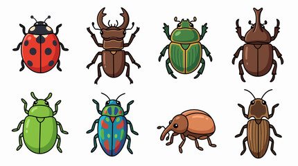 Fototapeta premium Cartoon beetles collection illustrating diverse insects including a ladybug, stag beetle, rhinoceros beetle, scarab, weevil, and various colorful bugs on a white background