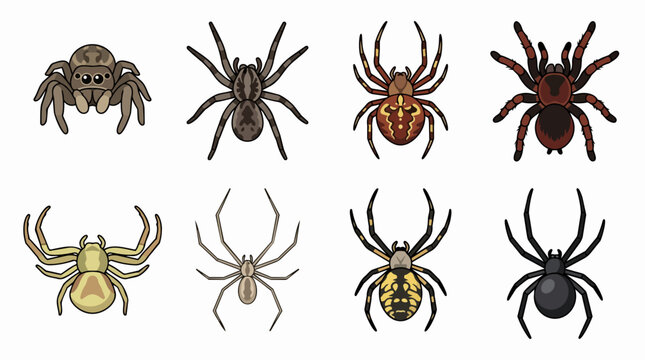 Diverse collection of invertebrate arachnid species, including common spiders like the jumping spider, tarantula, black widow, and orb weaver, shown as detailed vector illustrations