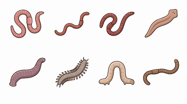 Collection of invertebrate worms and arthropods: earthworms, leeches, flatworms, centipede and grubs in cutout vector style for biology, ecology, garden, and education