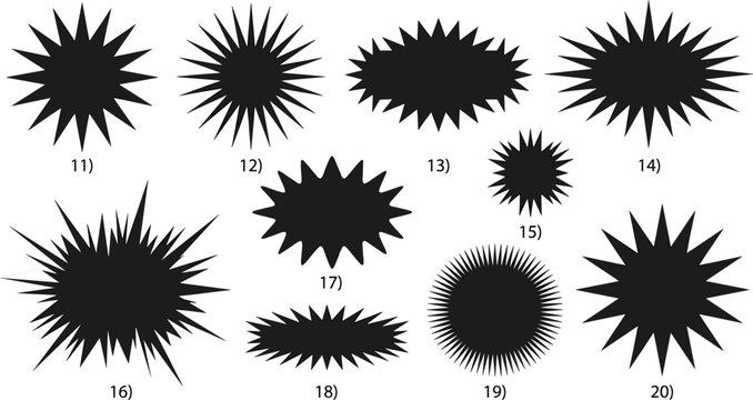 Various black comic style explosion bubble speech elements isolated on transparent background vector set.