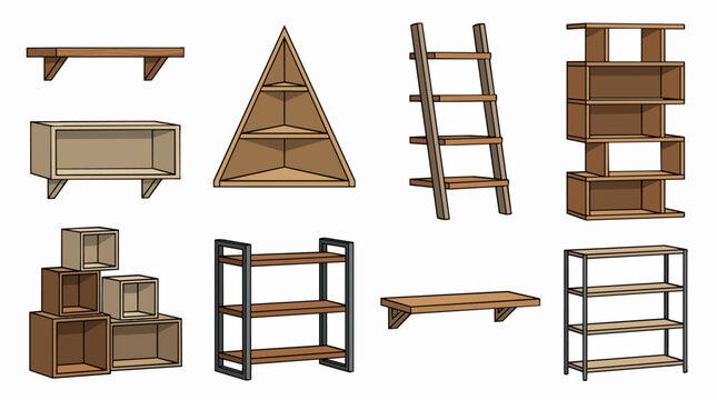 Wooden shelving units and storage furniture collection, displaying various types of wall shelves, free-standing racks, and open cupboards for modern interior design concepts