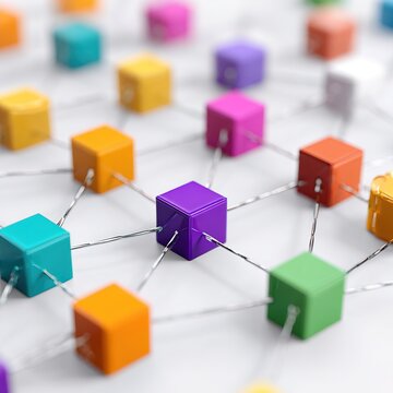 Vibrant network of colorful 3d cubes connected by wires