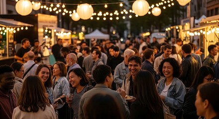 Naklejka premium Diverse crowd of people enjoying an evening street food festival with fairy lights.