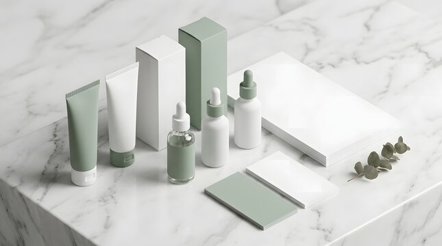 Collection of minimalist skincare and cosmetic products in white and sage green packaging on a luxurious marble background with natural accents.