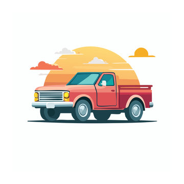 Retro red pickup truck illustration at sunset