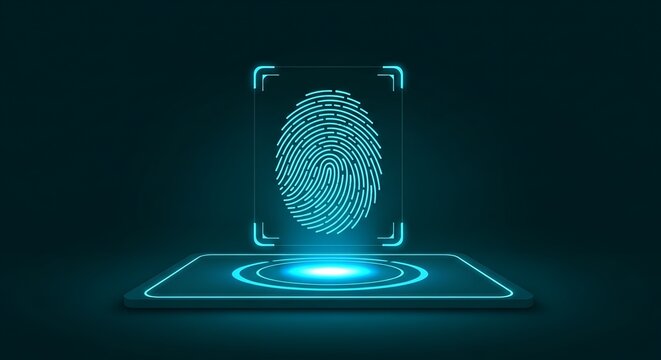 Biometric Security A glowing blue digital fingerprint scanning interface on a futuristic pad.