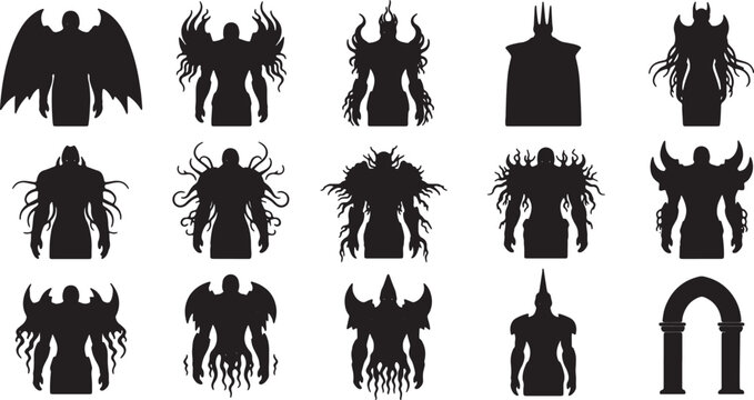 Collection of fifteen dark fantasy silhouettes including demons, winged creatures, armored warriors, and eldritch monsters with tentacles and horns isolated on a white background.