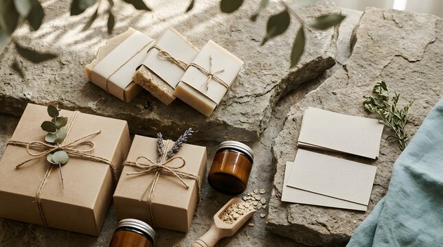 Rustic gift wrapping setup with natural decorations on fabric.