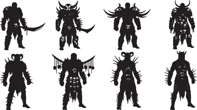Silhouette collection of eight dark fantasy warriors and barbarian characters wearing horned helmets, spiked armor, and carrying swords, isolated on a white background vector style art.