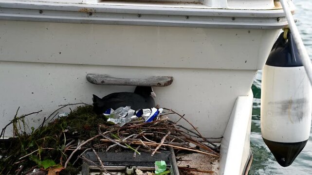 Real Time of one Common Coot Nesting with Plastic Litter on Lake Shore in Switzerland. Plastic Pollution.