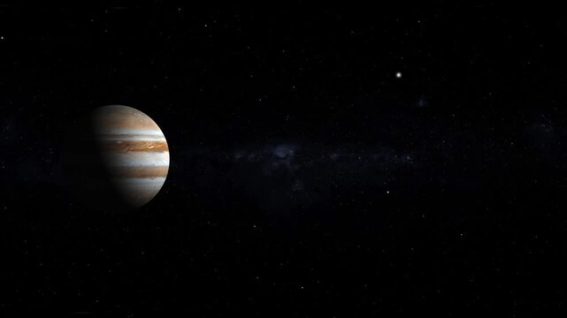 Rotating Jupiter Planet with Flying Stars in Deep Space Background