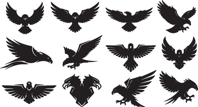 Large collection of black eagle and hawk silhouettes on a white background featuring various bird of prey poses including flying, diving, spread wings, and heraldic double-headed eagle icons.