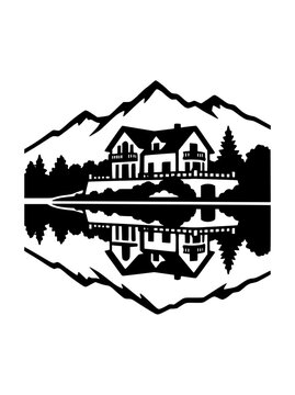 Mountain Lake House Silhouette with Reflection in Black and White