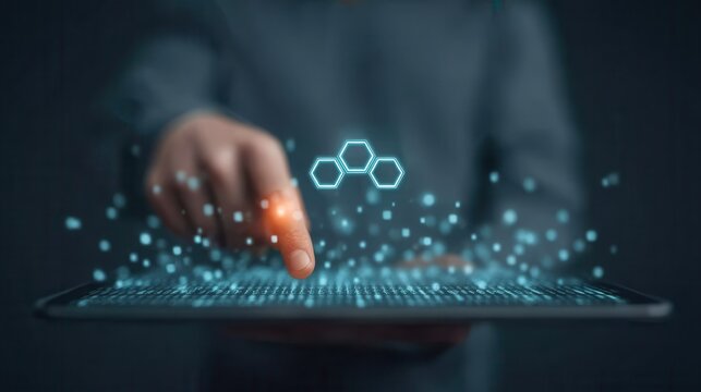 This futuristic concept of virtual technology uses a digital interface on a modern tablet.