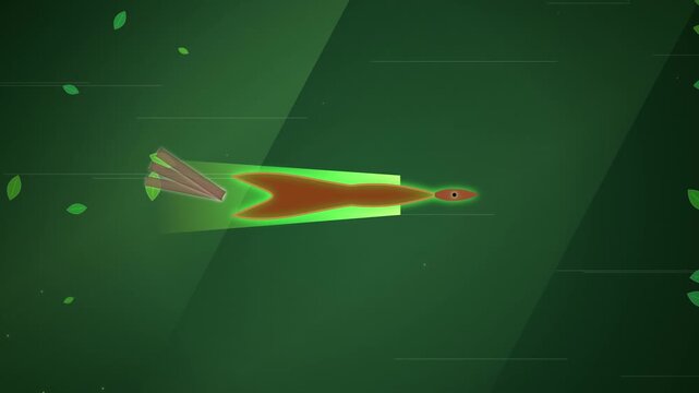 Animated broom sweeping green leaves across a dark green background